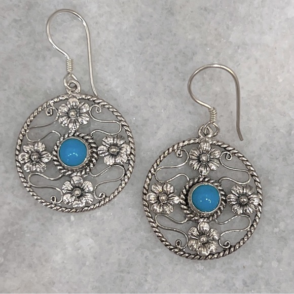 Arizona Sleeping Beauty Turquoise Sterling Silver Floral Dangle Earrings - Picture 3 of 10